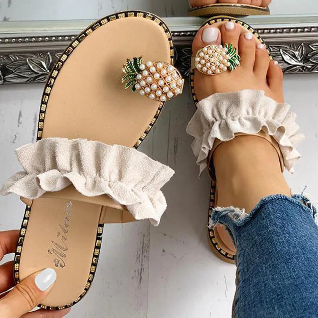Women's Bohemian Flat Sandals — Pearl & Pineapple Detail Beach Slides