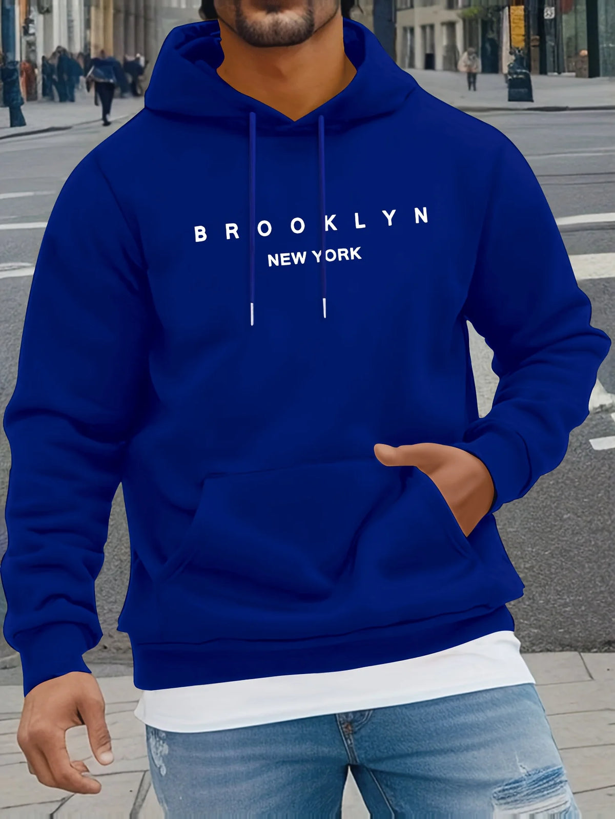 Men's Autumn and Winter Casual Fashionable Loose Brooklyn Classic Letter Printed Long-Sleeved Warm Hooded Pullover