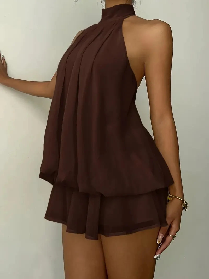 Women's Halter Neck Backless Tie-Front Mini Dress