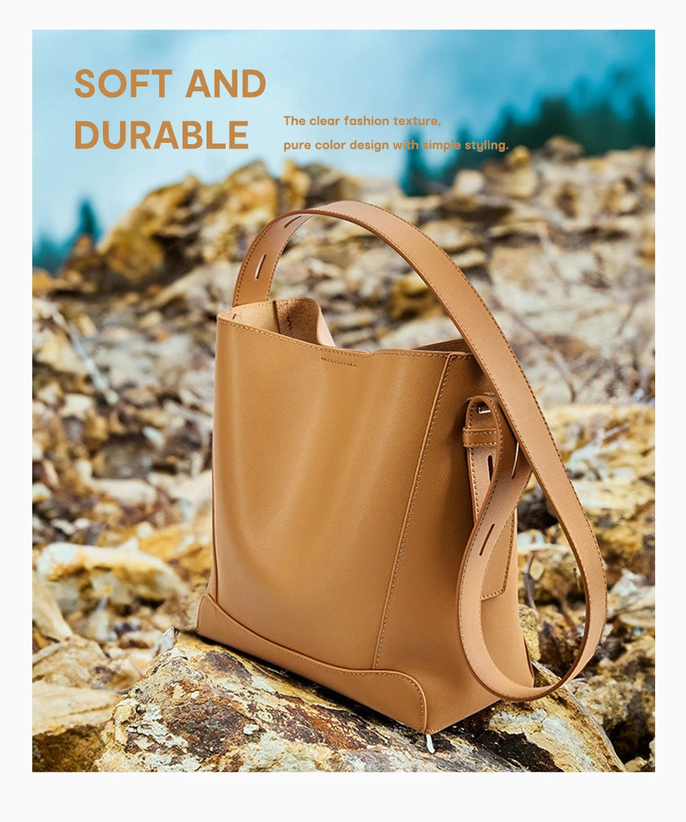 Zency New 2026 TrendyTwo Layer Cow Leather Shopper Shoulder Bag Commuter Large Bucket Handbag Simple High Quality Women Tote Bag