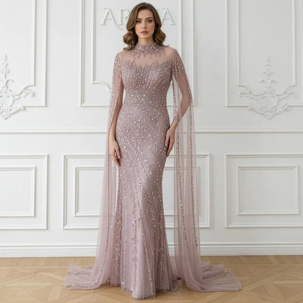 Luxury Beaded Mermaid Evening Gown | Cape Sleeve