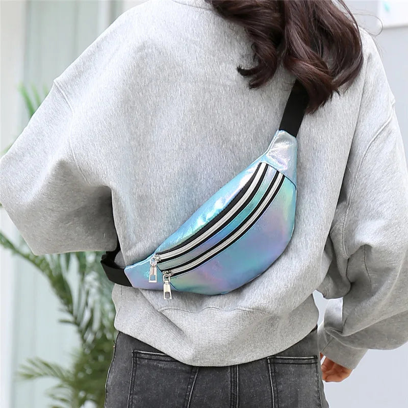 DX Holographic Fanny Pack Hologram Waist Bag Laser Beach Travel Banana Hip Bum Zip Waist Bags Women Belt Bag For Girls