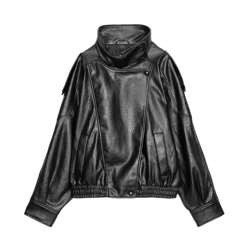 2026 Autumn Women's Faux Leather Jacket Brown Black Long Sleeve Stand Collar Thick Loose Lady Coat Fashion Motorcycle Streetwear