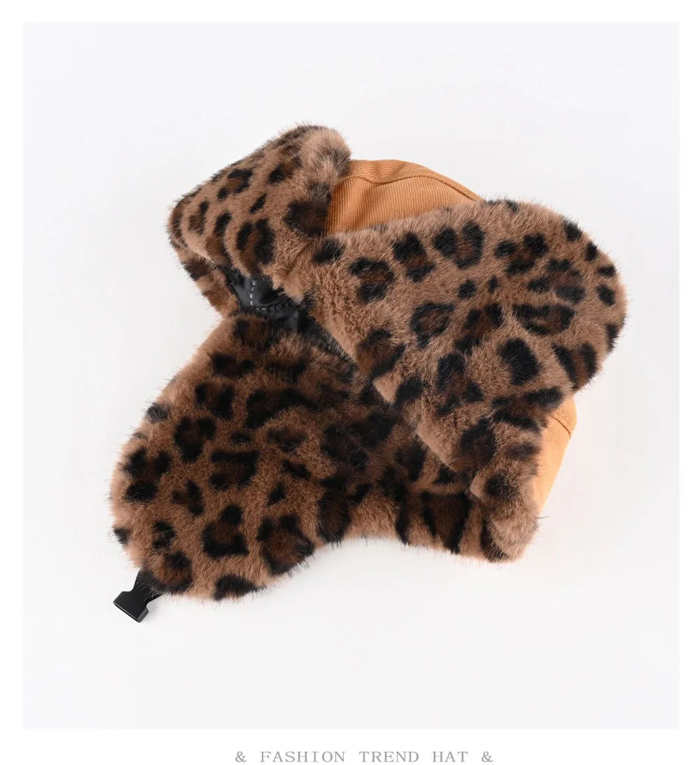 wild leopard print pilot caps Faux fur Bomber hat men ski cap winter hat thickened warm ear protect hat classic riding cap털모자