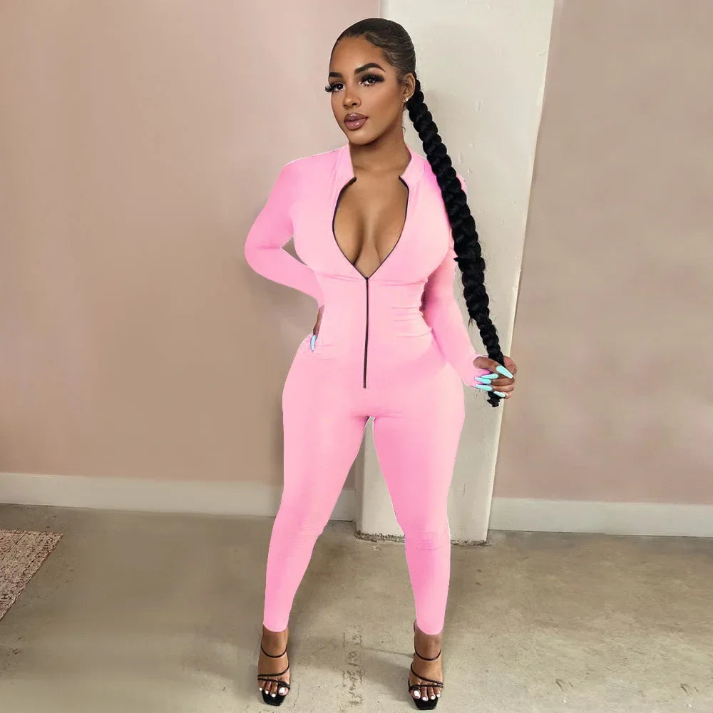 Sleek Deep-V Zip-Front Bodycon Romper – Athletic Fitness Jumpsuit