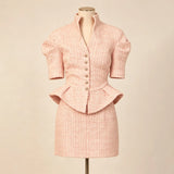 LIMO 2026 New Arrival Pink Tweed 2 Piece Outfit, Women's Elegant Peplum Top with Mini Skirt, Puff Sleeve Formal Suit