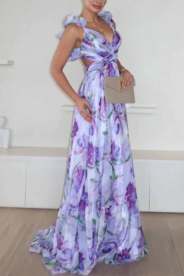 Elegant V-Neck Floral Silk-Laminate Maxi Dress – Summer 2025 Edition