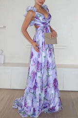 Elegant V-Neck Floral Silk-Laminate Maxi Dress – Summer 2025 Edition