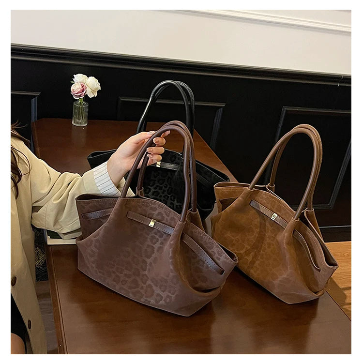 2025 Leopard Print Suede Women Tote Bag with Inner Pocket Underarm Bag Large Capacity Satchel Bag for Work Travel Purses Handbag