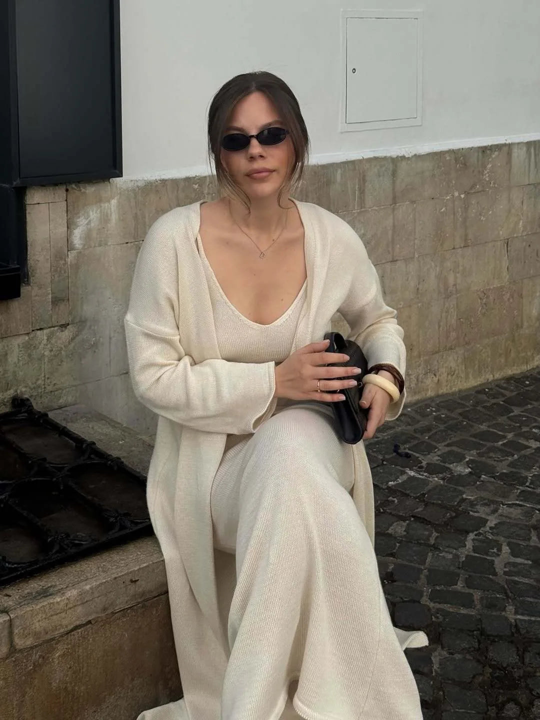 Hirsionsan Soft Loose Sets Women Two Pieces Long Sleeve Cardigan & Vest Dresses Elegant Female Hollow Outfits Cotton Tracksuit