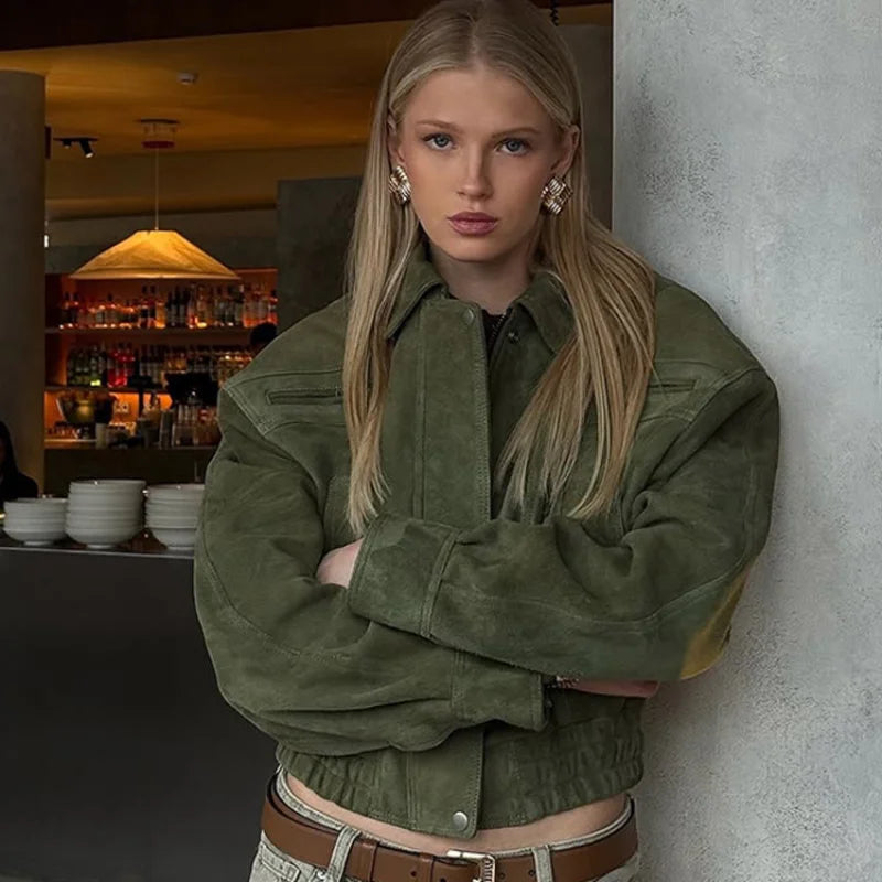 Vintage Suede Jacket For Women Long Sleeve Pocket Turn-down Collar Zipper Short Coat 2025 Autumn Winter Streetwear Lady Outwears