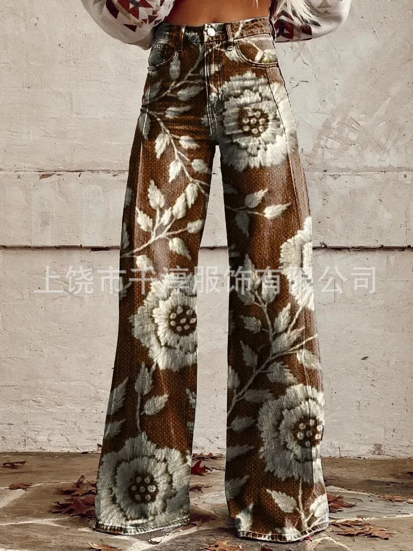 Women's 3D Print Wide-Leg "Jeans" – Trendy Low-Waist Flare Pants