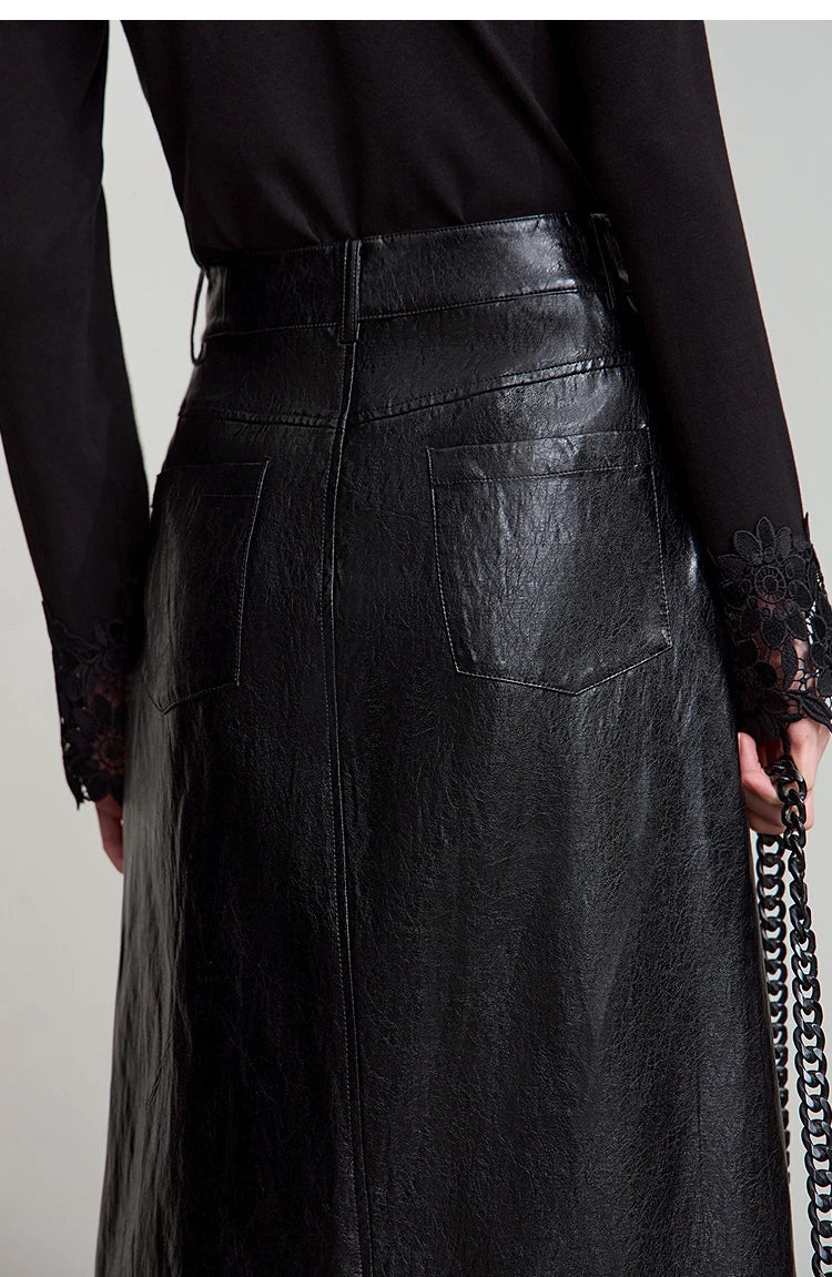 AMII Minimalist PU Leather Skirt for Women