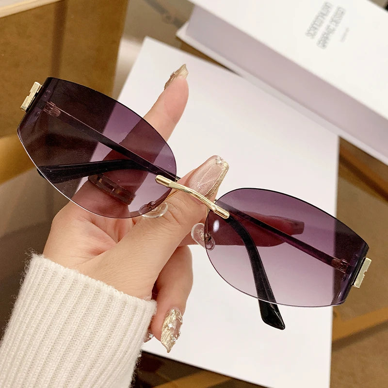 Oversized Rimless Oval Sunglasses – UV400 Metal Frame
