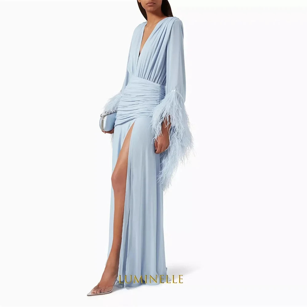 Customized V-Neck Side High Slit A-Line Prom Dresses Long Sleeve Elegant Evening Gowns Cascading Ruffle Party Dresses 2026