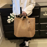 Woven Handbags Ladies Summer Woven Totes Bag with Tassel Women Shoulder Bag Large Capacity Fashion Straw Female Shopper Bag