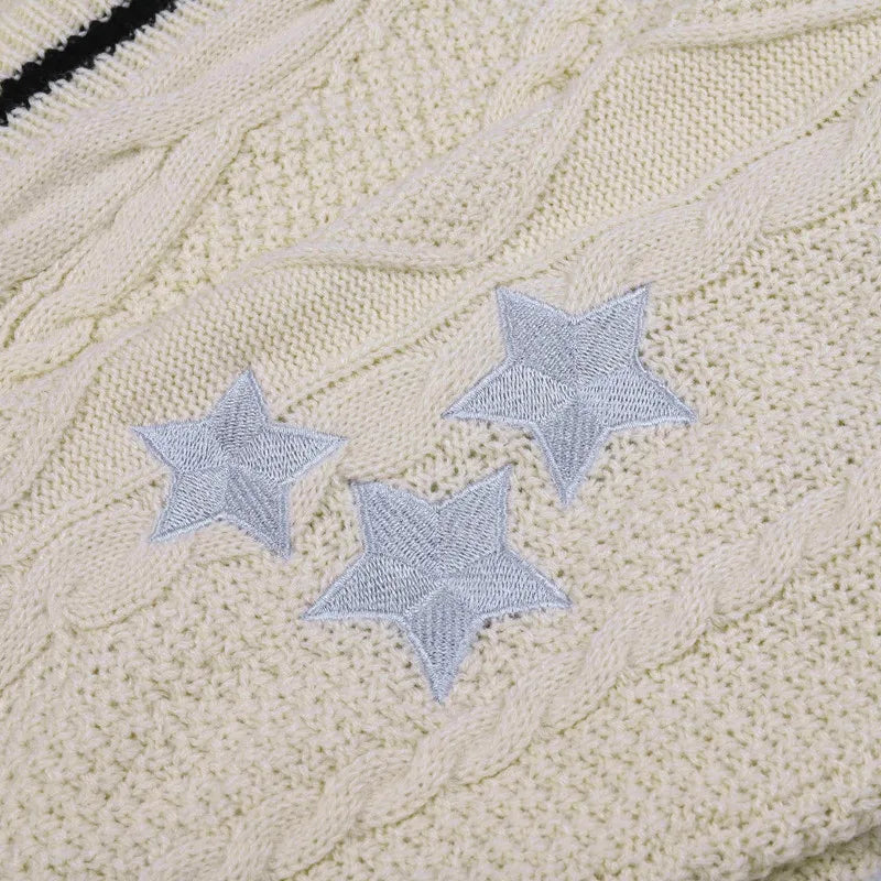 Chic Vintage Star Print Knit Cardigan - V-Neck Aesthetic Preppy Sweater
