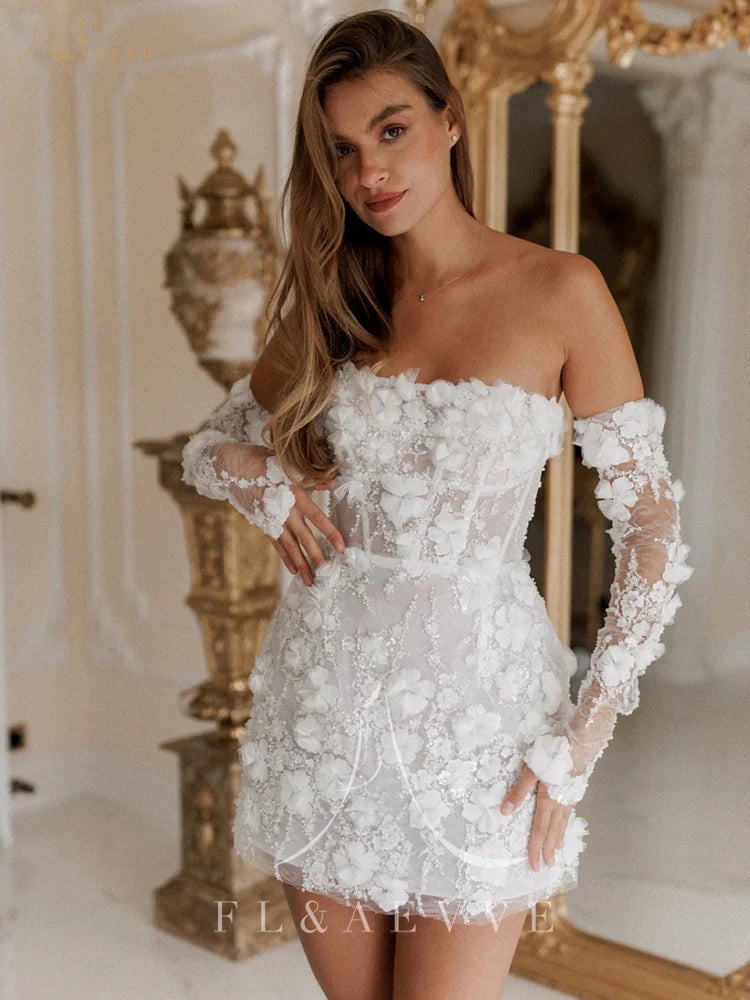 Luxury Beaded Short Wedding Dresses Saudi Arabia Lace Floral Appliques Long Sleeves Bridal Gown Mini Prom Party Dress Customized