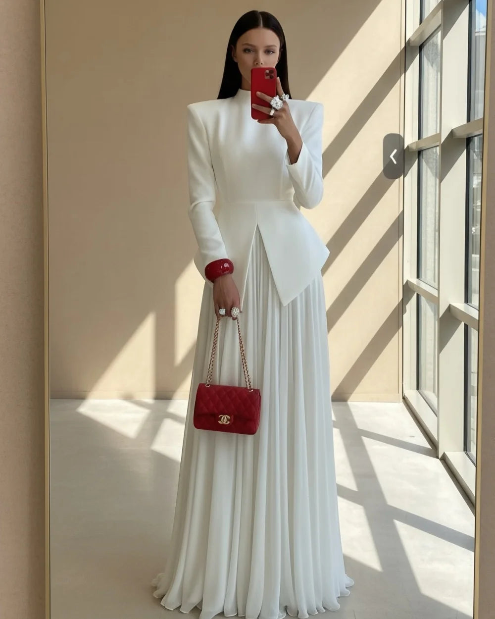 Elegant Jersey Ruched A-Line Gown | High Collar & Long Sleeves