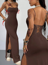 Y2K Woven Tape Split Maxi Dress