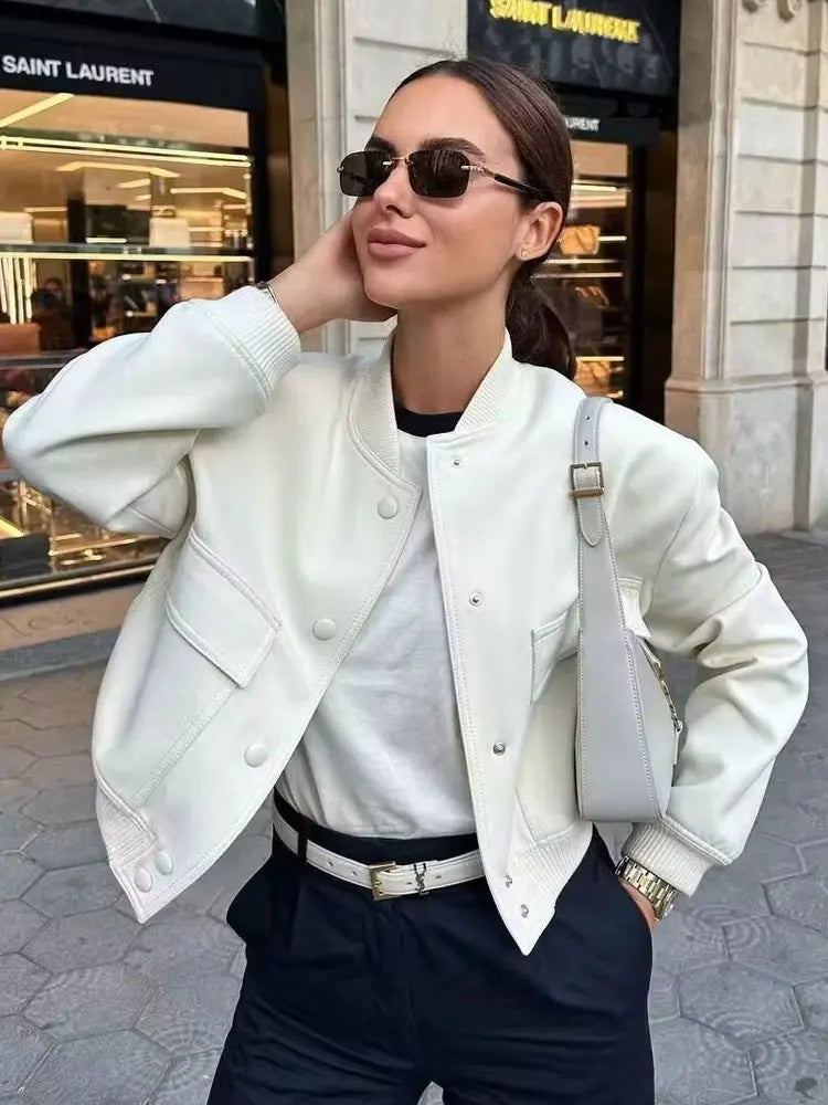 Women’s Vintage Utility Bomber Jacket – Chic Button-Down Outerwear