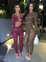 Women's Rhinestone Patchwork Hollow-Out Single Sleeve Jumpsuit