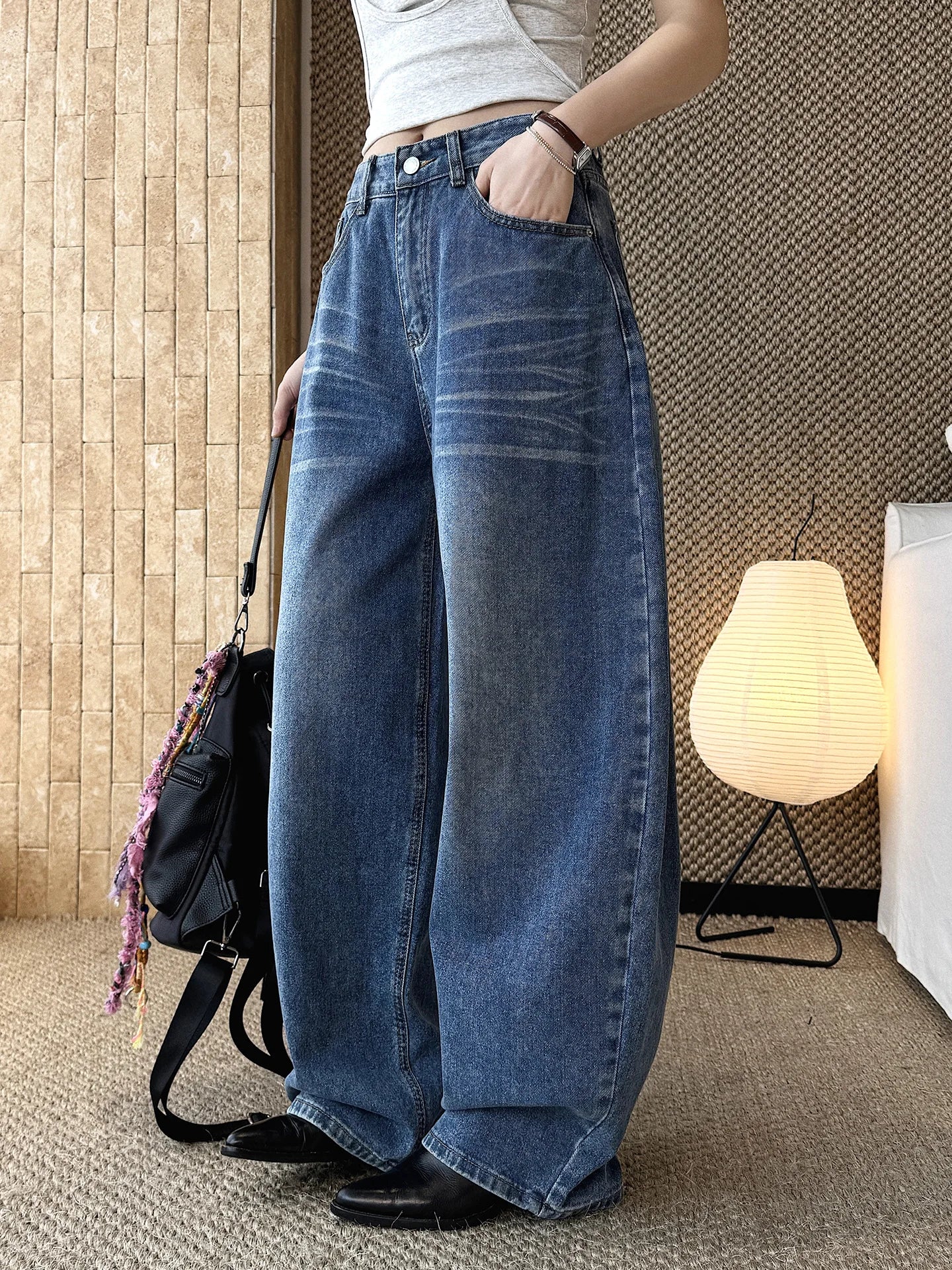 Spring/Summer New American Retro Fashionable High Waist Washed Used Cat Beard Jeans Loose Wide Leg Pants Women