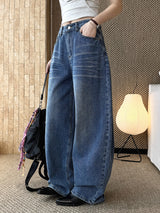 Spring/Summer New American Retro Fashionable High Waist Washed Used Cat Beard Jeans Loose Wide Leg Pants Women