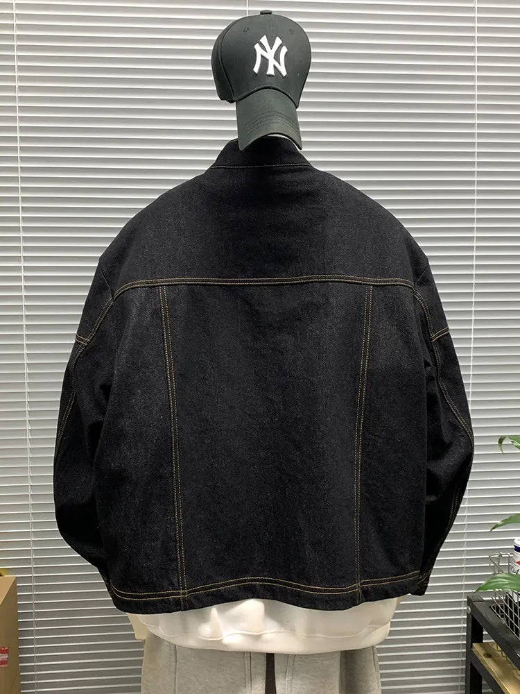 American Vintage Denim Jacket Men Stand Collar Cotton Spring Metal Button Splicing Regular Fit Streetwear Trendy Casual Outwear
