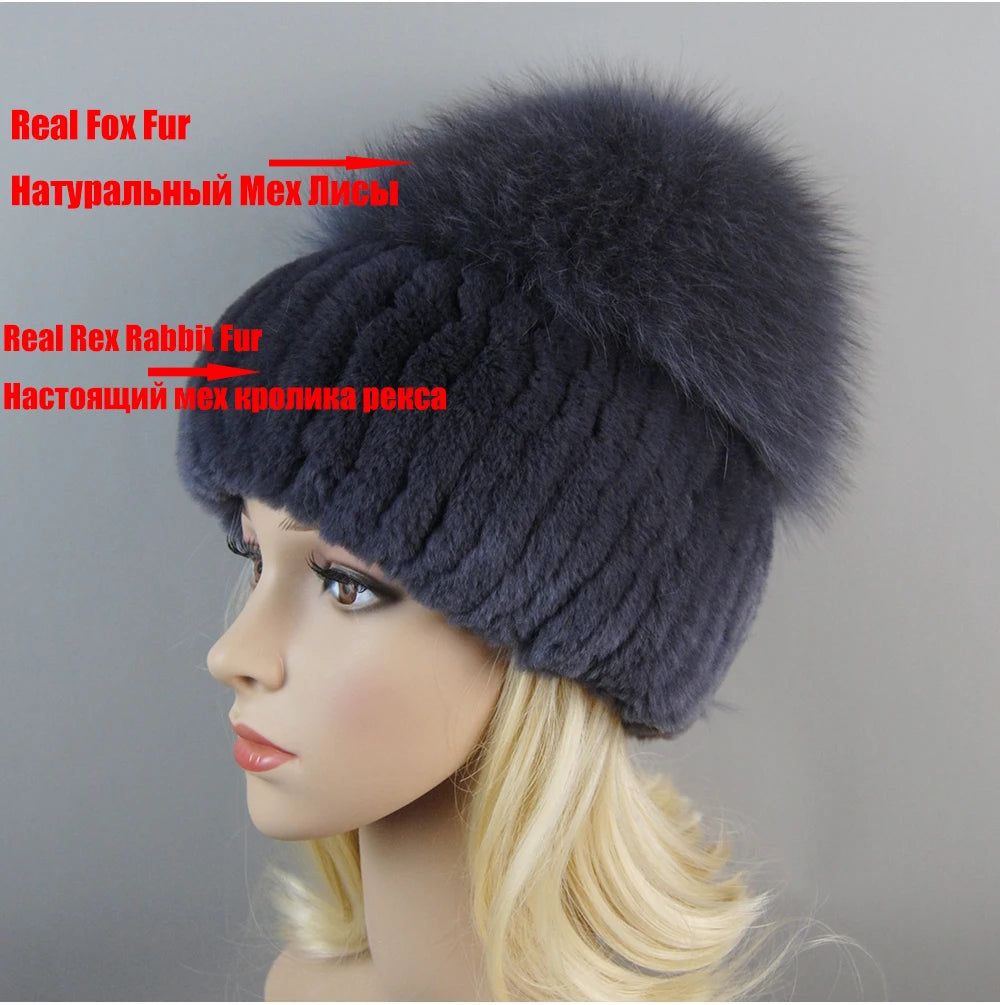 Women's Luxury Rex Rabbit & Fox Fur Beanie Hat