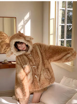 Women's Hooded Faux Fur Coat with Deer Ears