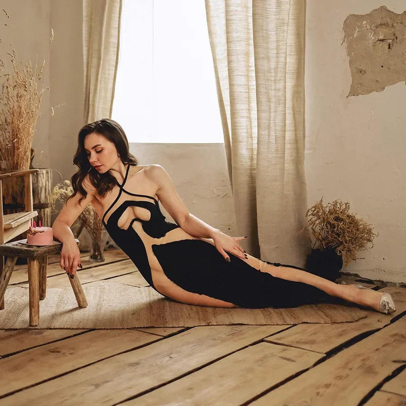 Elegant Mesh Patchwork Halter Gown
