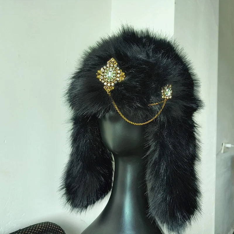Designer Luxury Bomber hat women's ski cap winter hat faux fur pilot hat diamond thickened warm ear protection hat versatile털모
