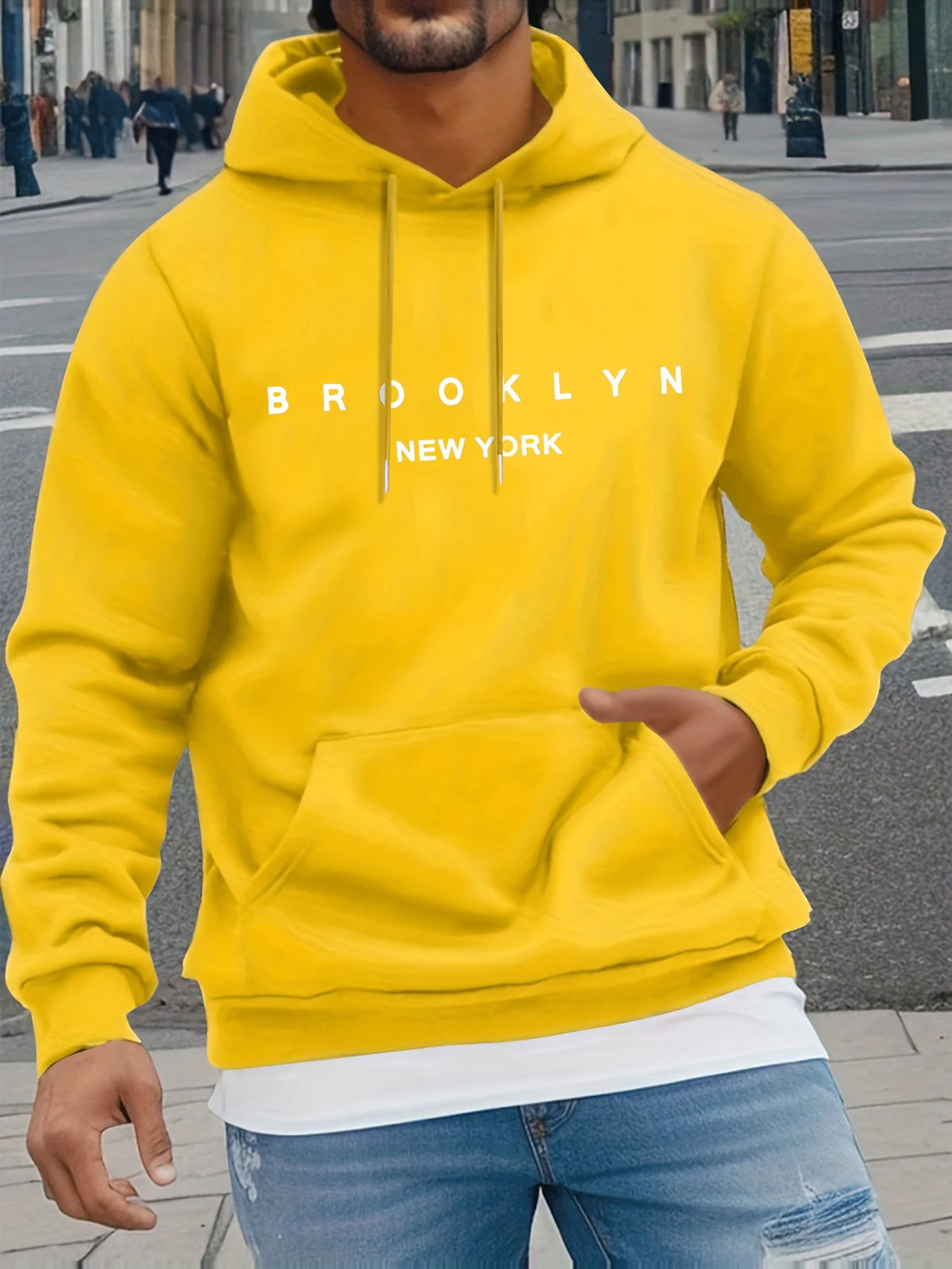 Men's Autumn and Winter Casual Fashionable Loose Brooklyn Classic Letter Printed Long-Sleeved Warm Hooded Pullover