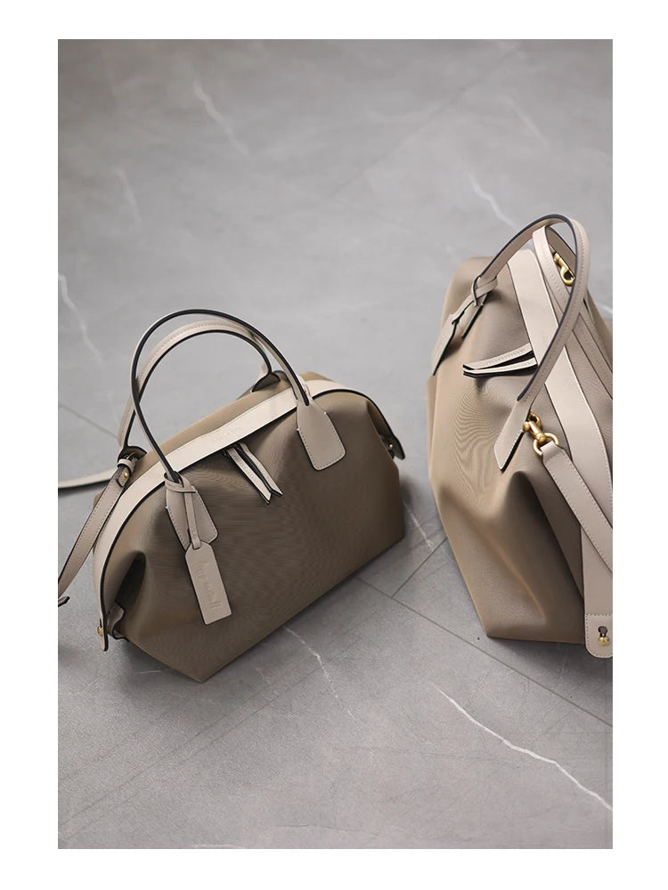 Women's Nylon With Genuine Leather Zipper Tote Lightweight Soft Travling Bags Versatile Style Handbag Different Colors And Size