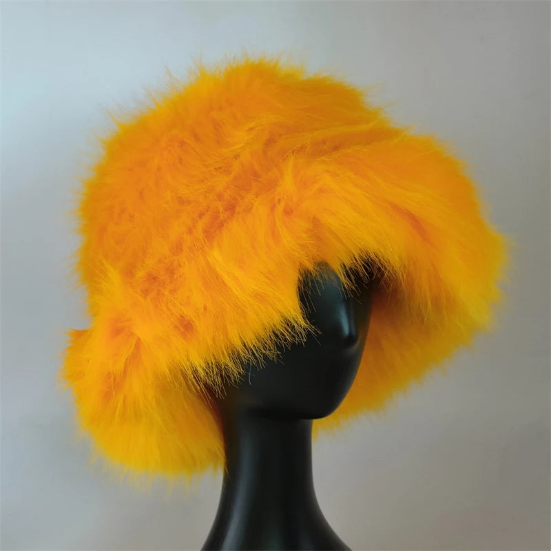 1pcs Winter Faux Fur Bucket Hat Warm Fluffy Plush colorful soft Winter hat Personality fur Fisherman Hats for women Plush hat겨