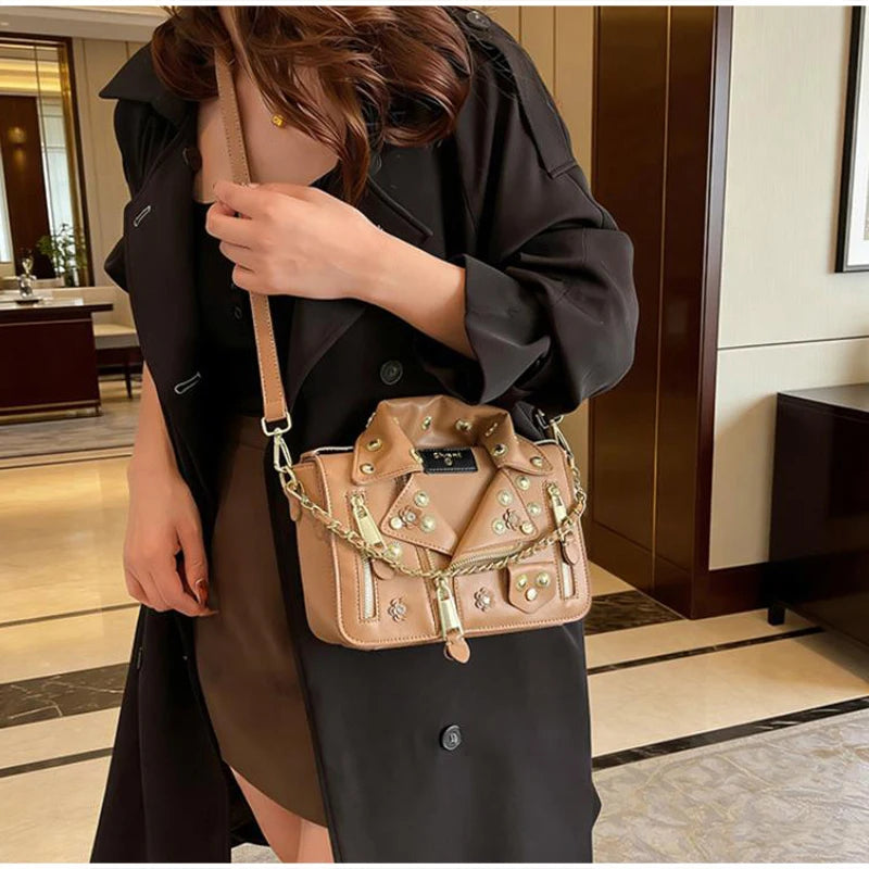 Jacket Collar Shaped Crossbody Shoulder Bag,Women Metal Flower Studded Handbag ,Niche Designer Streetwear Fashion Rivet Tote Bag