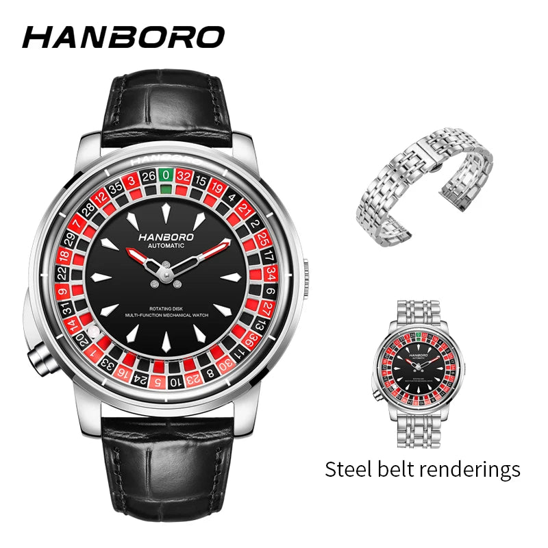 HANBORO Men's Fully Automatic Mechanical Watch Casino Wheel Rotating Dial Luxury Rose Gold Unique Personalized Watch