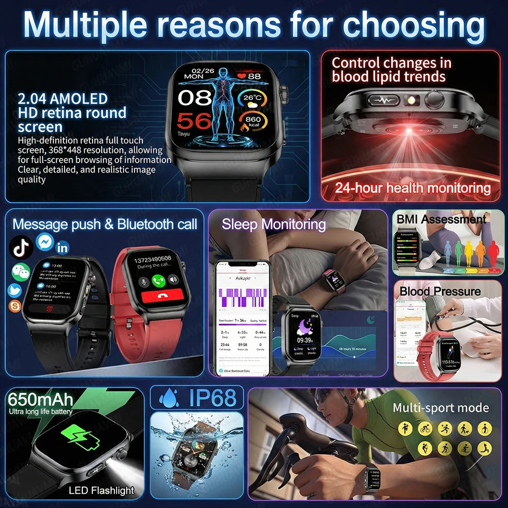 2026 New Accurate Diagnosis Smart Watch Body Fat ECG Blood oxygen BP Health Sport HD AMOLED Screen Call Smart Watches man woman