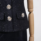 VGH Chic Two Piece Sets for Women Stand Collar Short Sleeves Spliced Pocket Tweed Top High Waist Maxi Skirts Vintage Suit Female