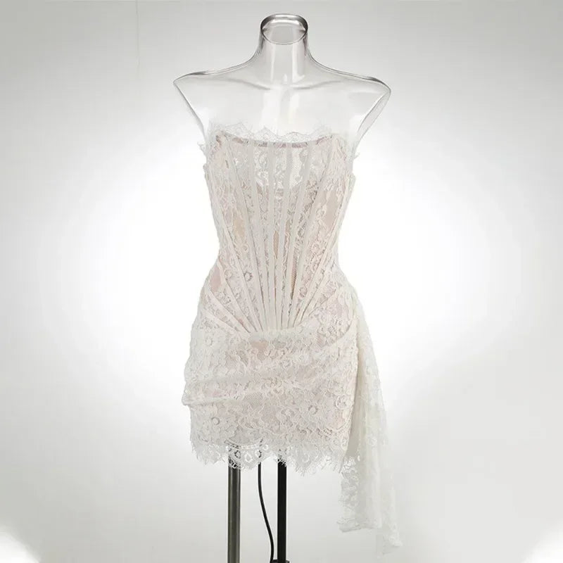 Strapless Lace Mini Dress – Elegant Sheer Patchwork Slim Fit Evening Dress