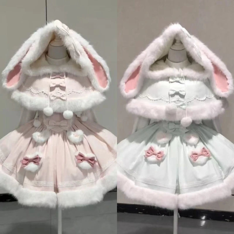 Harajuku Kawaii Rabbit Ear Cloak & Strap Skirt Set