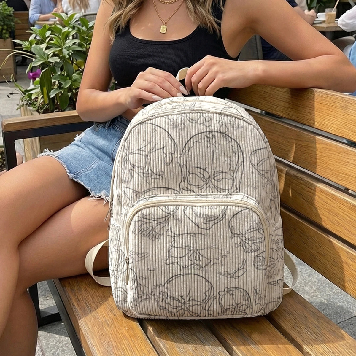 Gothic Skull Allover Print Women Fashion Backpack Corduroy Multi-pocket Large Capacity Commuter Bag