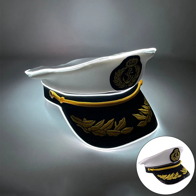 New Luminous White Sailor Captain Yacht Caps Wheat Embroidery LED Glow Navy Marine Hat Men Women Cosplay Halloween Costume Hats