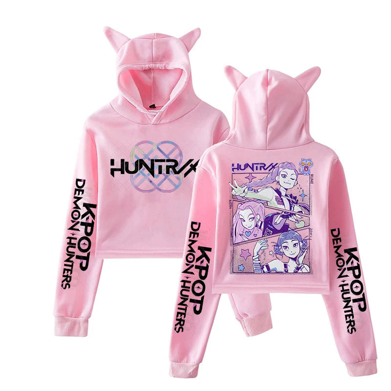 Anime Cat-Ear Cropped Hoodie | K-Pop Inspired Streetwear