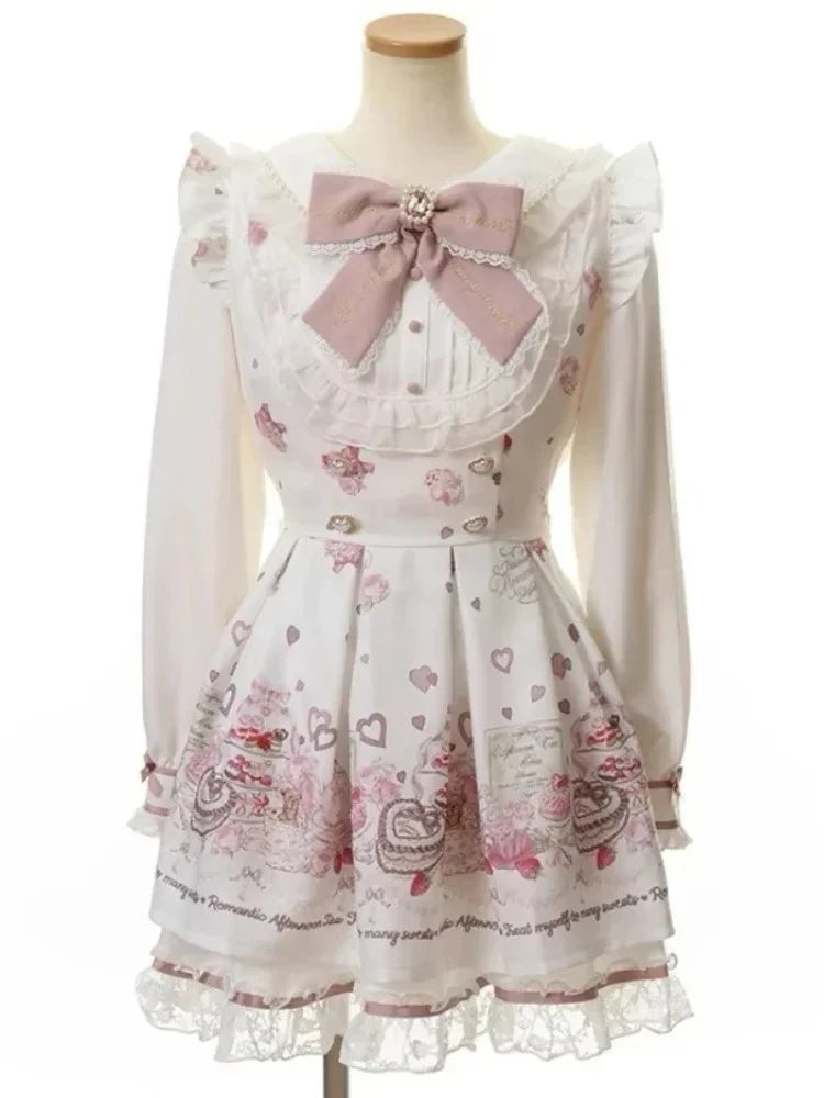 Japanese Y2K Aesthetics Vintage Bow Dress Shorts Set Women Gothic Lolita Style Long Sleeve Shirt Dress Elegant Party Dress Suits