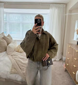 YENKYE New 2025 Women Suede Textured Bomber Jacket Long Sleeve Lapel Collar Loose Coats Casual Female Outerwear Chic Tops
