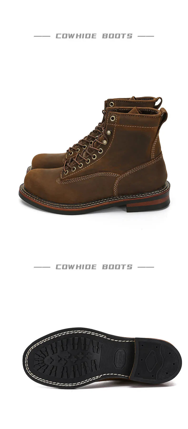 KOWM Hiking shoes men's walking boots British cowhide high top motorcycle boots ankle casual sneakers trekking shoes thick soled