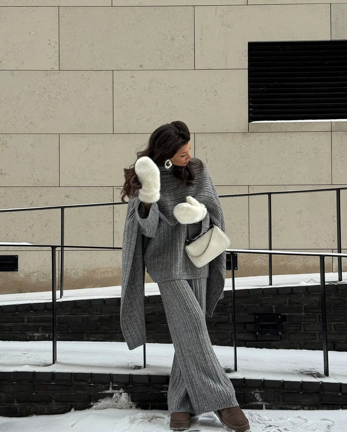Hirsionsan Soft Elegant Vintage Women Suits 3 Pieces Female Sets O Neck Sweater & Wild Leg Pants with Scarf Knitted TrackSuit