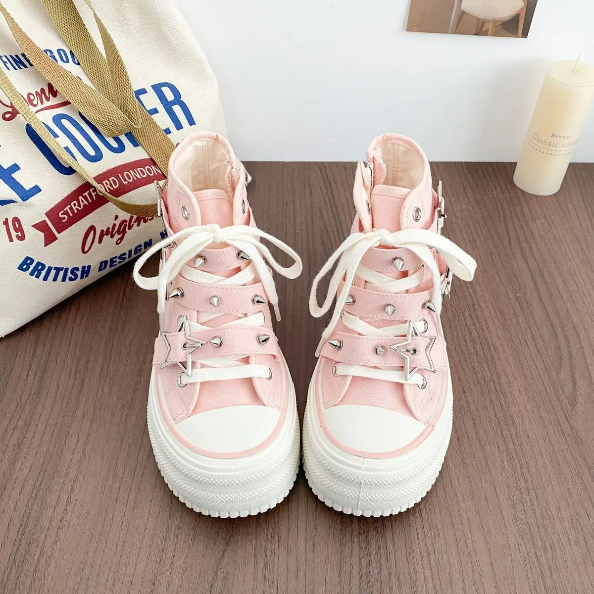 Women's High-Top Canvas Platform Sneakers — Rivet Buckle Lace-Up